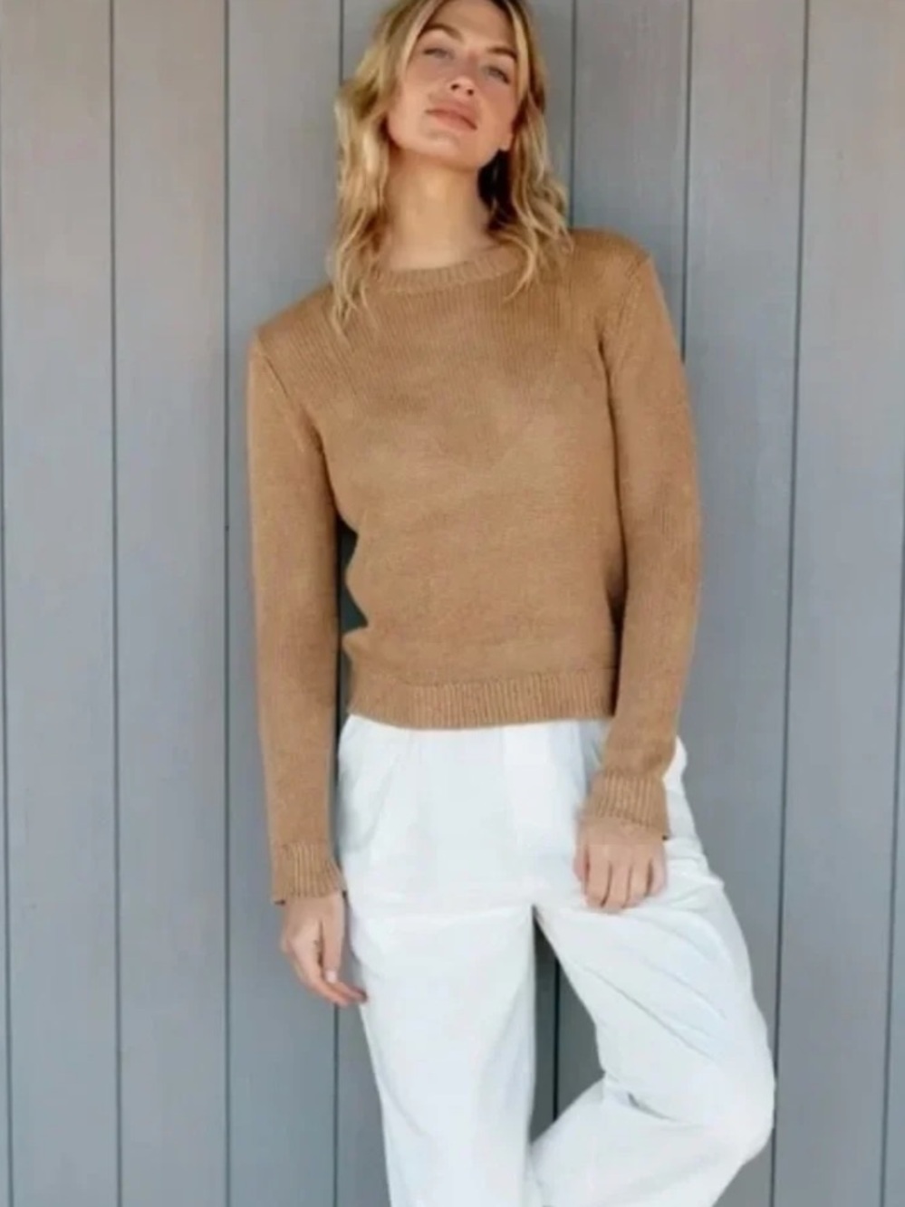 Jenni Kayne Tan Linen Crewneck Sweater